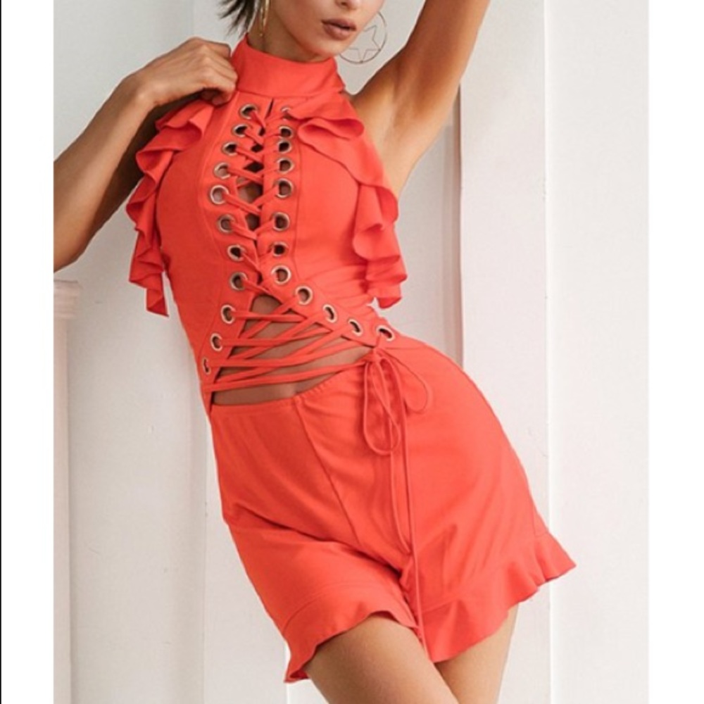 Orange Lace Up Ruffle Romper - Picture 3 of 5